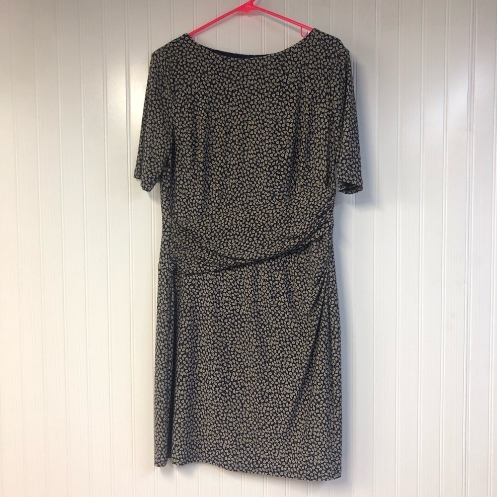 Ralph Lauren Navy and Cream Leaf Print Dress 14 Petite Short Sleeve Stretch
